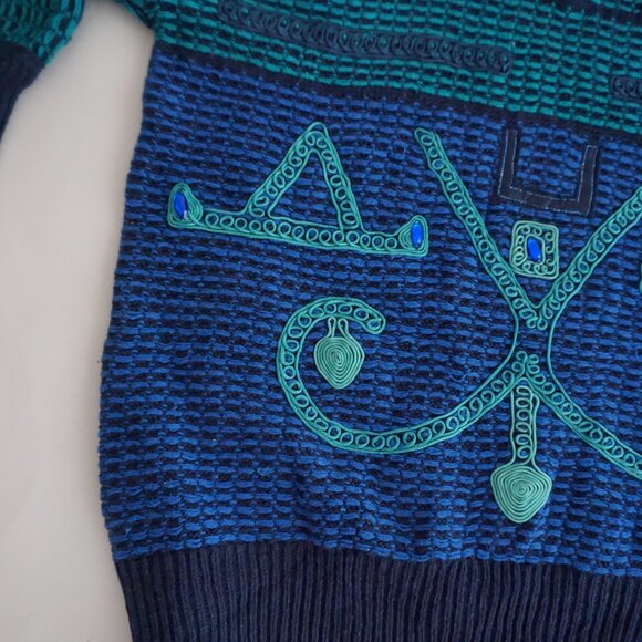 Vintage Bonnie Blue Teal Geometric Beaded Collared Button Front Sweater L - Picture 7 of 11